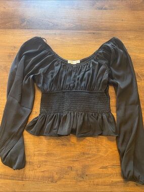 Sincerely Jules Black Smocked Waist Peplum Long-Sleeve Top